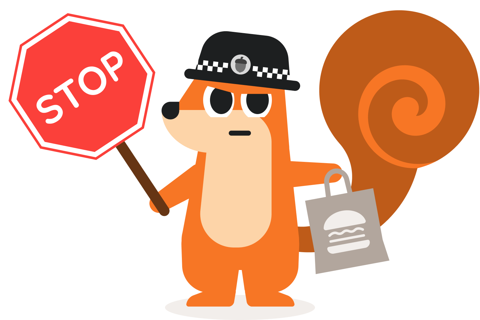 Cartoon squirrel wearing a police hat. They are holding a takeaway bag in one hand, and a STOP road sign in the other.