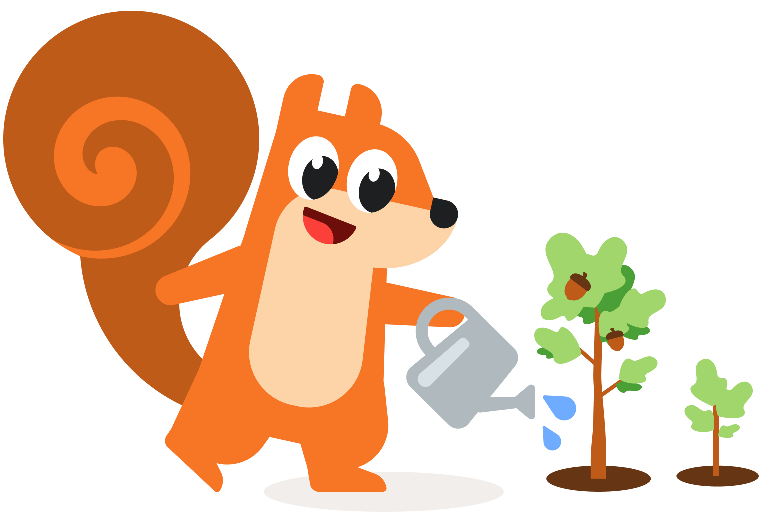 Cartoon squirrel happily watering a series of small tree saplings with a watering can